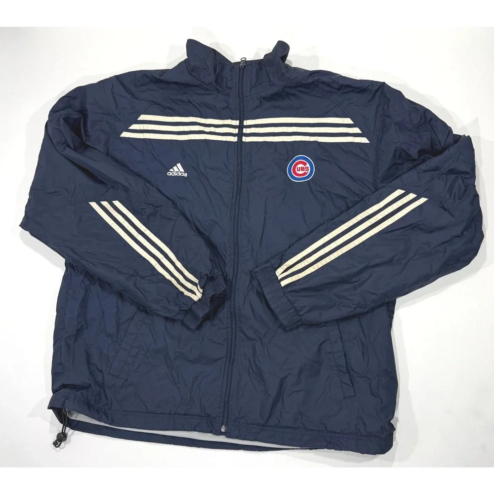 Adidas Mens 2XL Chicago‎ Cubs Mesh Lined Windbreaker Jacket Navy Blue Full Zip